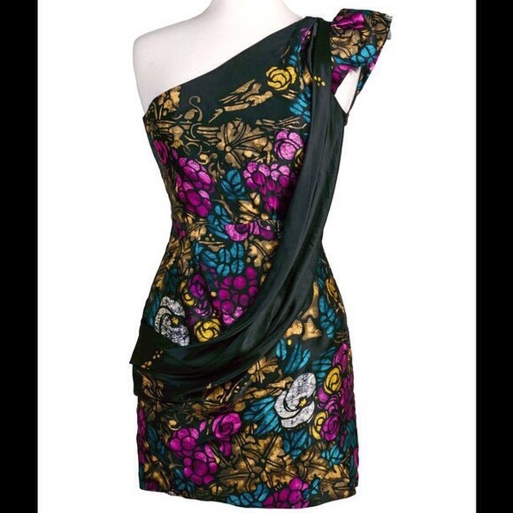 New Nanette Lepore Blowout silk one-shoulder drape front graffiti floral dress - Picture 1 of 6
